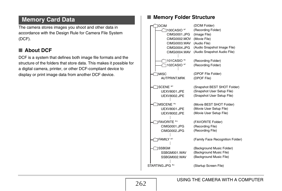 Memory card data, E “memory folder structure, About dcf | Casio EX-V8 User Manual | Page 262 / 289