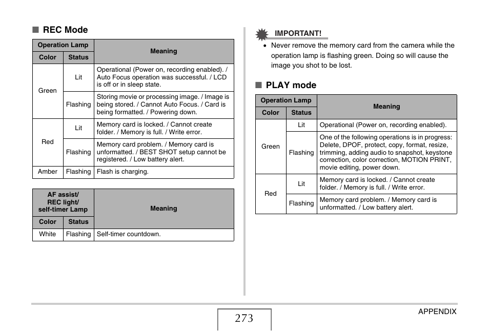 Rec mode, Play mode | Casio EX-V8 User Manual | Page 273 / 289