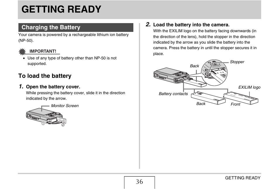 Getting ready, Charging the battery, To load the battery | Casio EX-V8 User Manual | Page 36 / 289