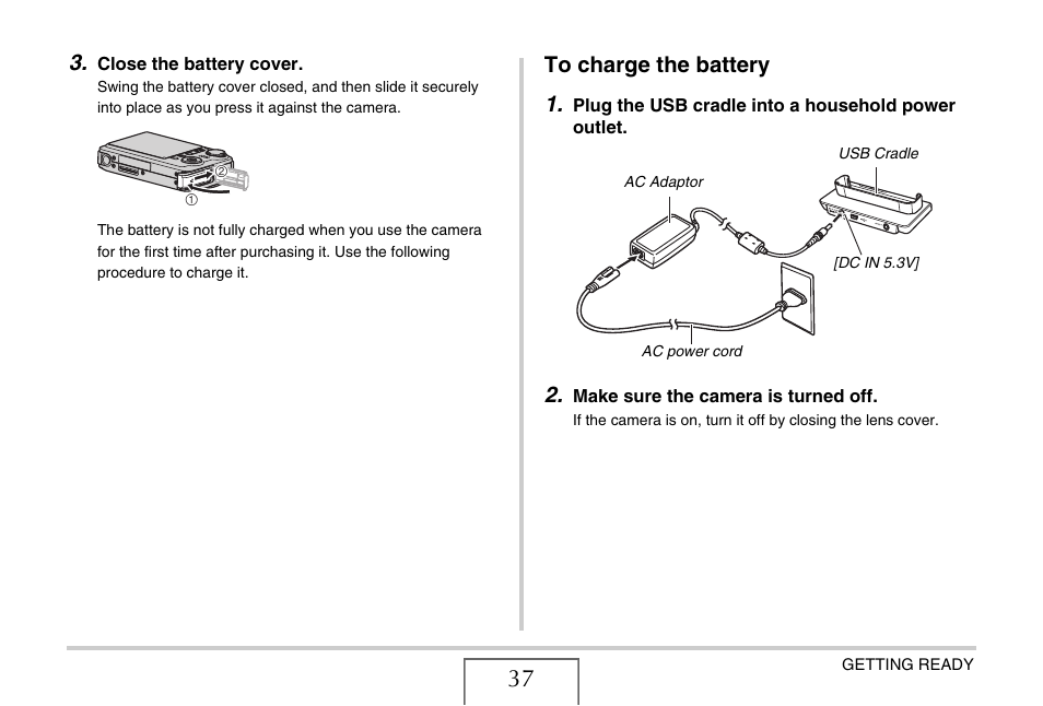 To charge the battery | Casio EX-V8 User Manual | Page 37 / 289