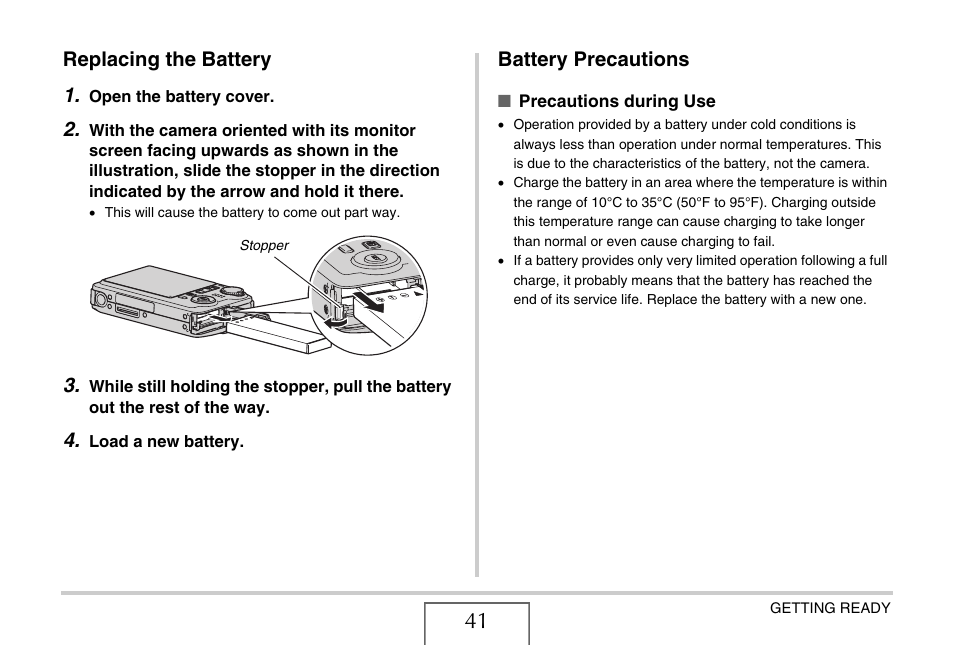 Replacing the battery, Battery precautions, Replacing the battery 1 | Casio EX-V8 User Manual | Page 41 / 289