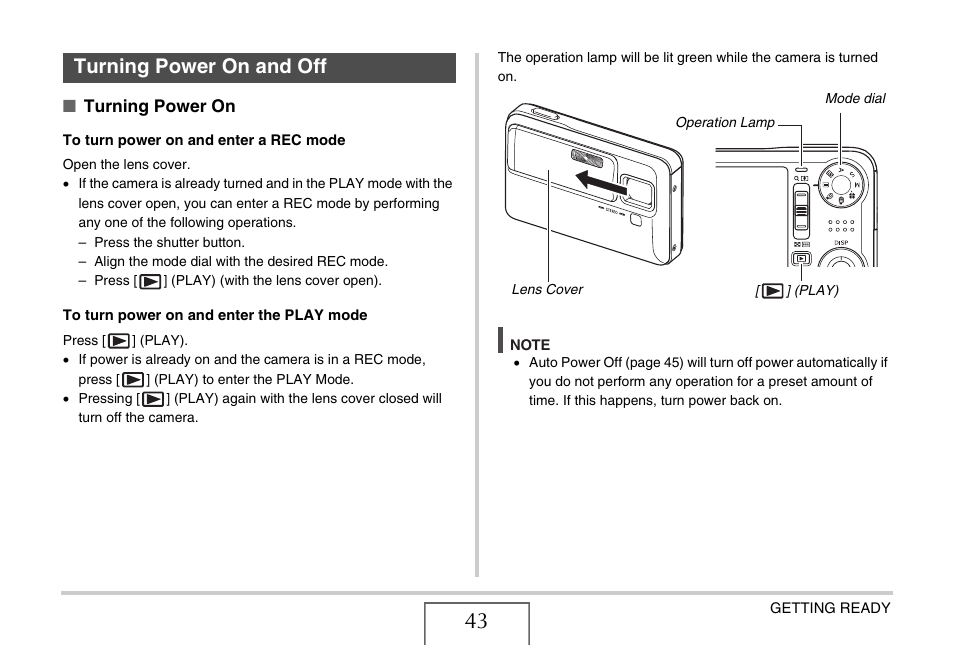 Turning power on and off | Casio EX-V8 User Manual | Page 43 / 289