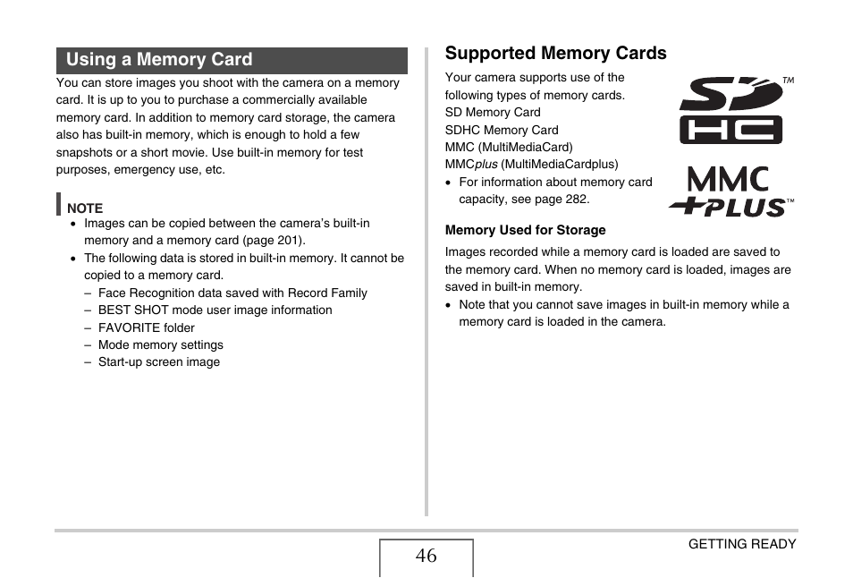 Using a memory card, Supported memory cards, Ge 46 | Casio EX-V8 User Manual | Page 46 / 289