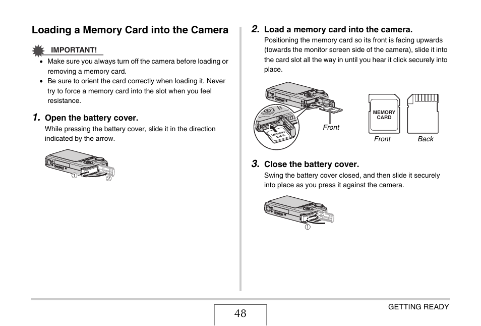 Loading a memory card into the camera | Casio EX-V8 User Manual | Page 48 / 289