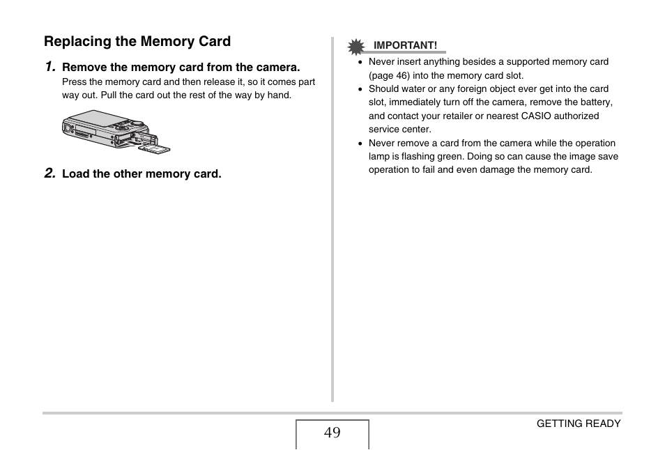 Replacing the memory card | Casio EX-V8 User Manual | Page 49 / 289