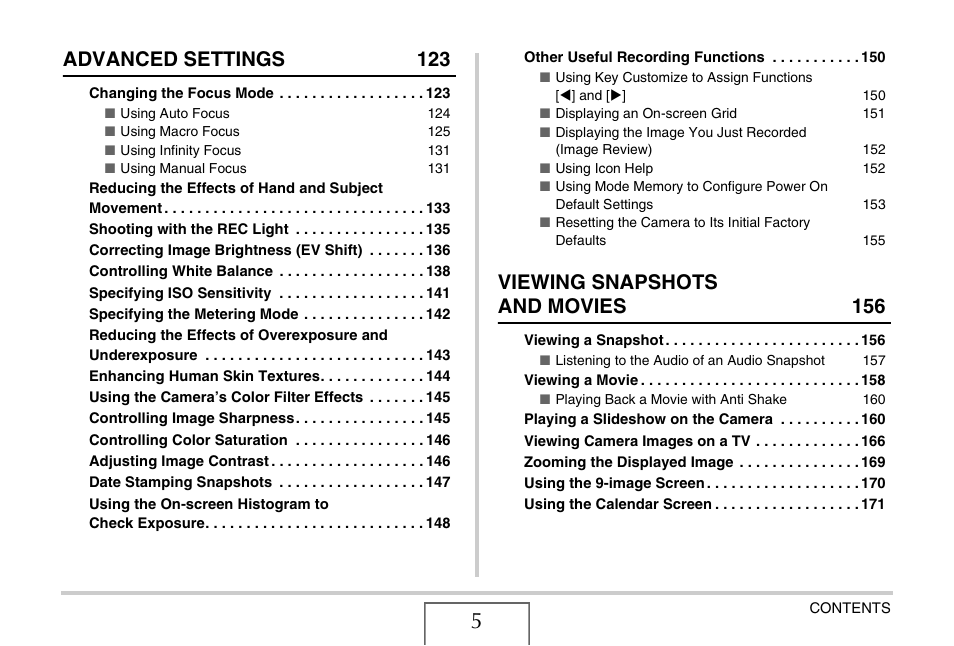 Advanced settings 123, Viewing snapshots and movies 156 | Casio EX-V8 User Manual | Page 5 / 289