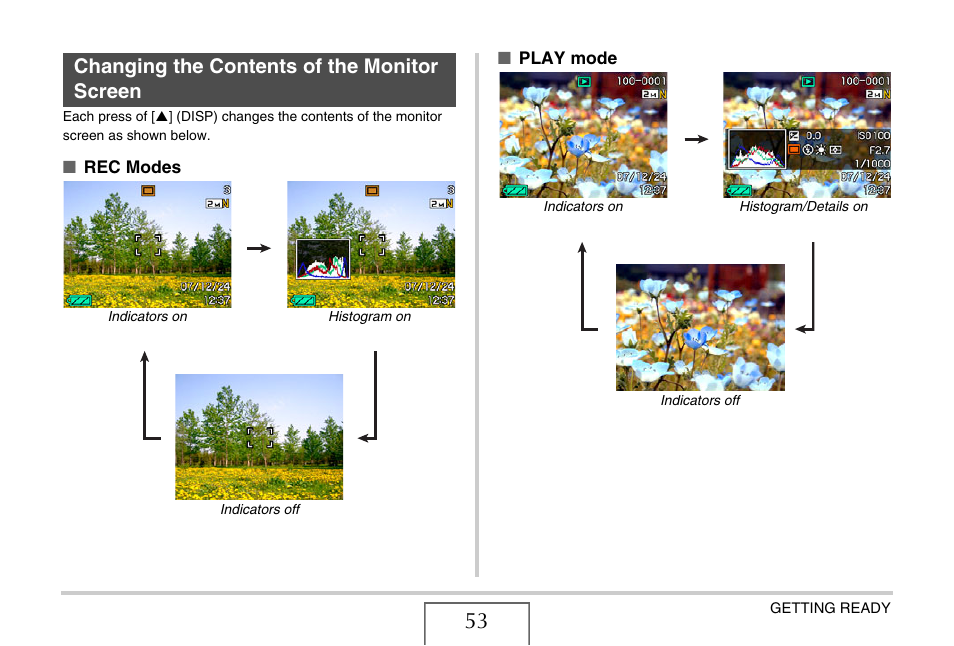 Changing the contents of the monitor screen | Casio EX-V8 User Manual | Page 53 / 289