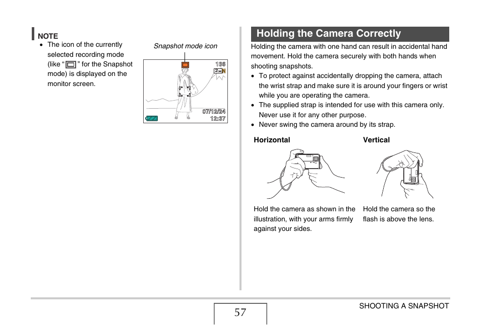 Holding the camera correctly | Casio EX-V8 User Manual | Page 57 / 289