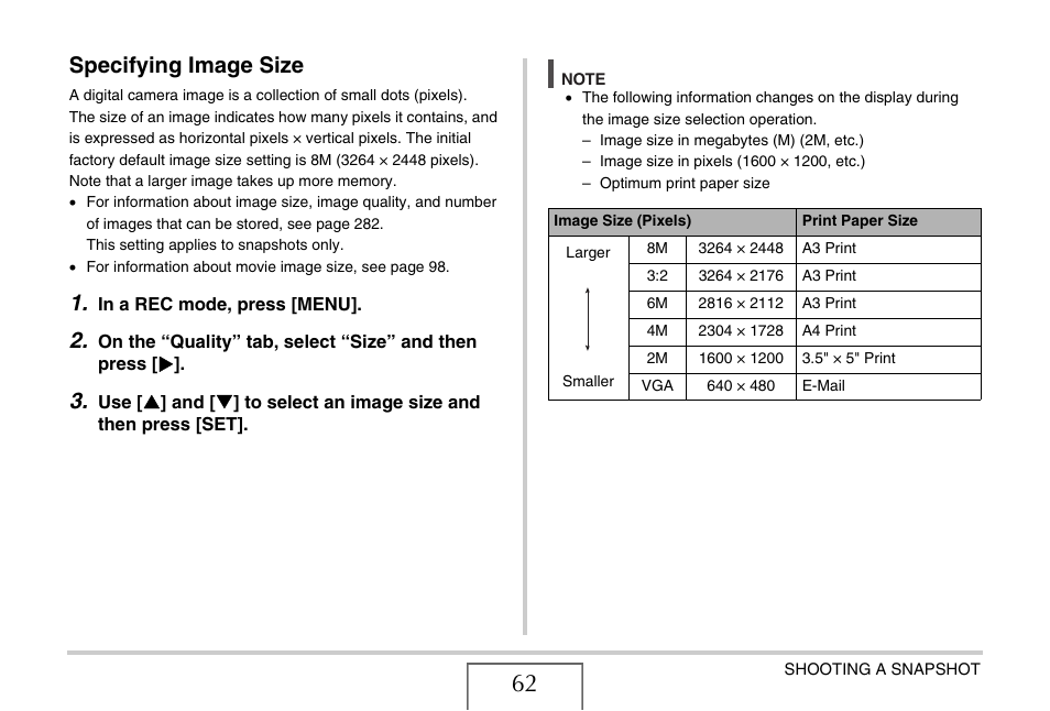 Specifying image size | Casio EX-V8 User Manual | Page 62 / 289