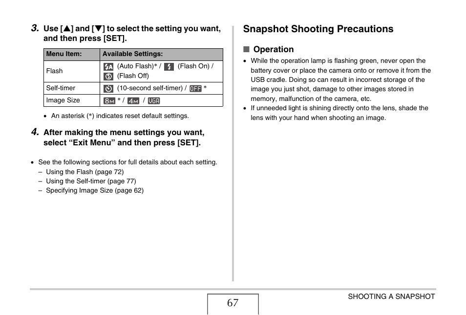 Snapshot shooting precautions | Casio EX-V8 User Manual | Page 67 / 289