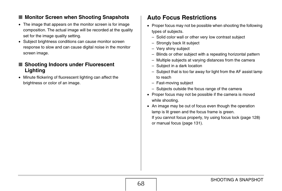 Auto focus restrictions | Casio EX-V8 User Manual | Page 68 / 289