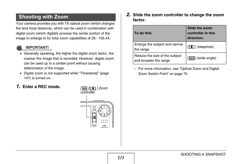 Shooting with zoom | Casio EX-V8 User Manual | Page 69 / 289