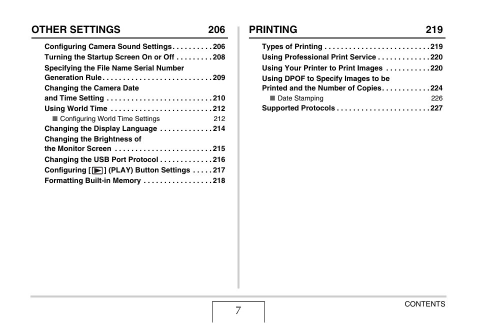 Other settings 206, Printing 219 | Casio EX-V8 User Manual | Page 7 / 289