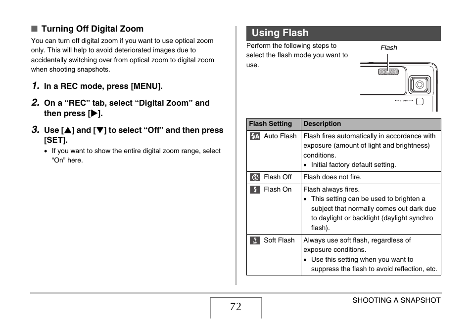 Using flash | Casio EX-V8 User Manual | Page 72 / 289