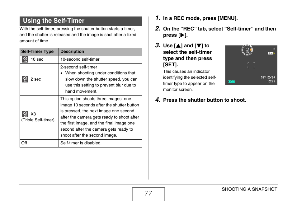 Using the self-timer | Casio EX-V8 User Manual | Page 77 / 289