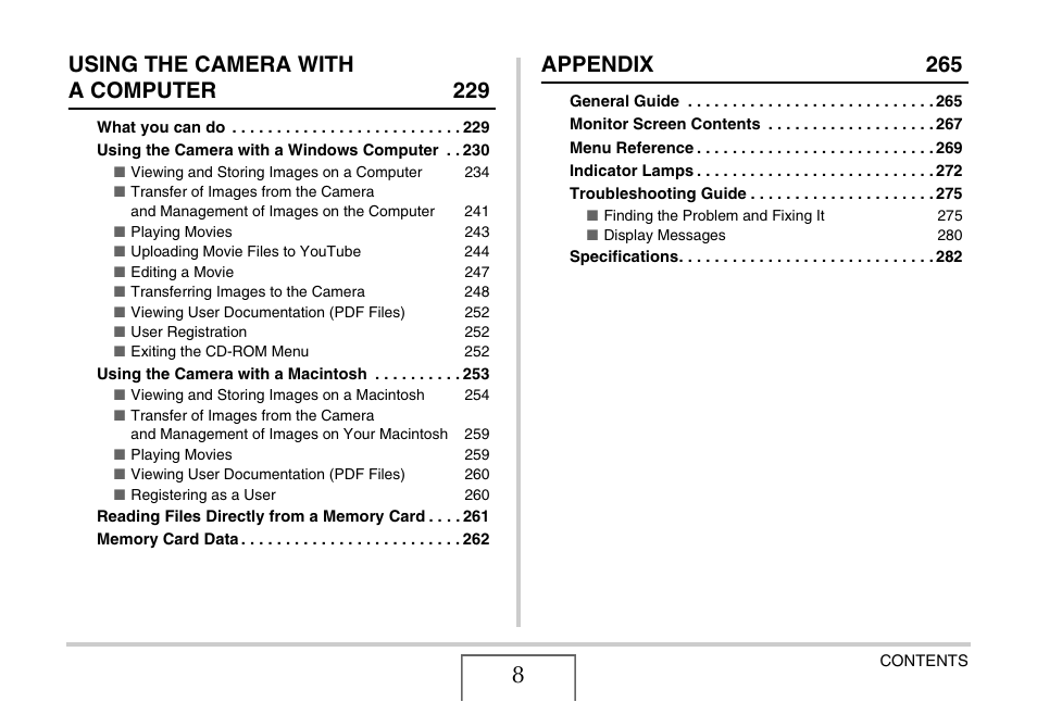 Using the camera with a computer 229, Appendix 265 | Casio EX-V8 User Manual | Page 8 / 289