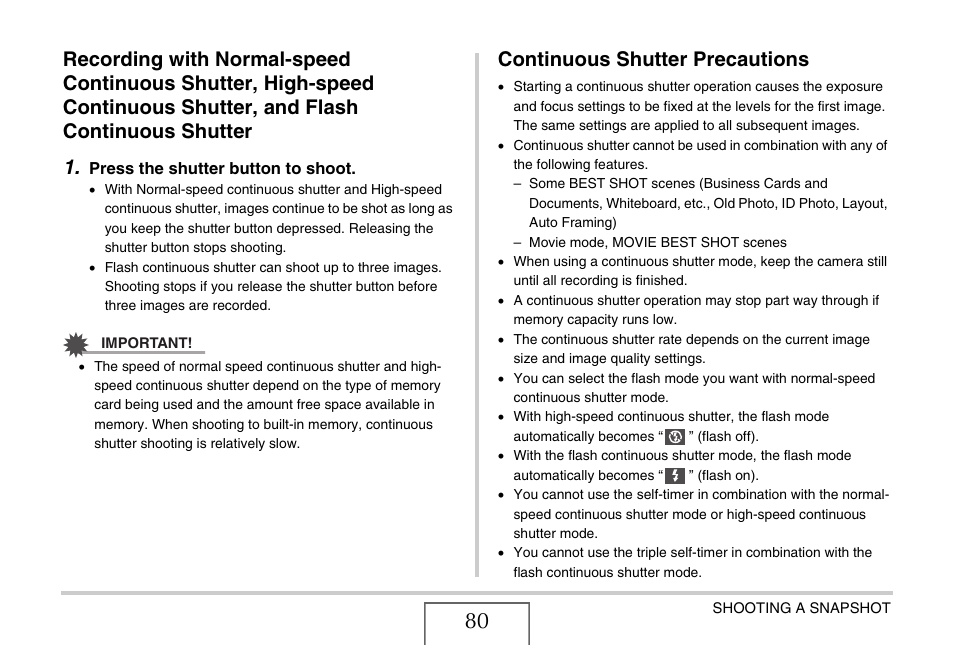 Continuous shutter precautions | Casio EX-V8 User Manual | Page 80 / 289
