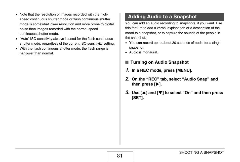 Adding audio to a snapshot | Casio EX-V8 User Manual | Page 81 / 289