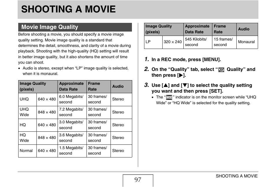 Shooting a movie, Movie image quality, E 97) | Casio EX-V8 User Manual | Page 97 / 289