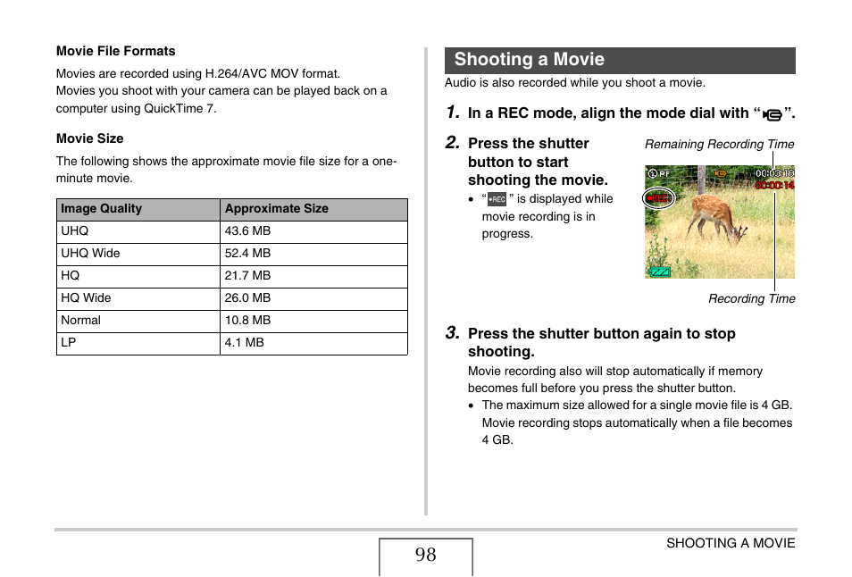 Shooting a movie | Casio EX-V8 User Manual | Page 98 / 289