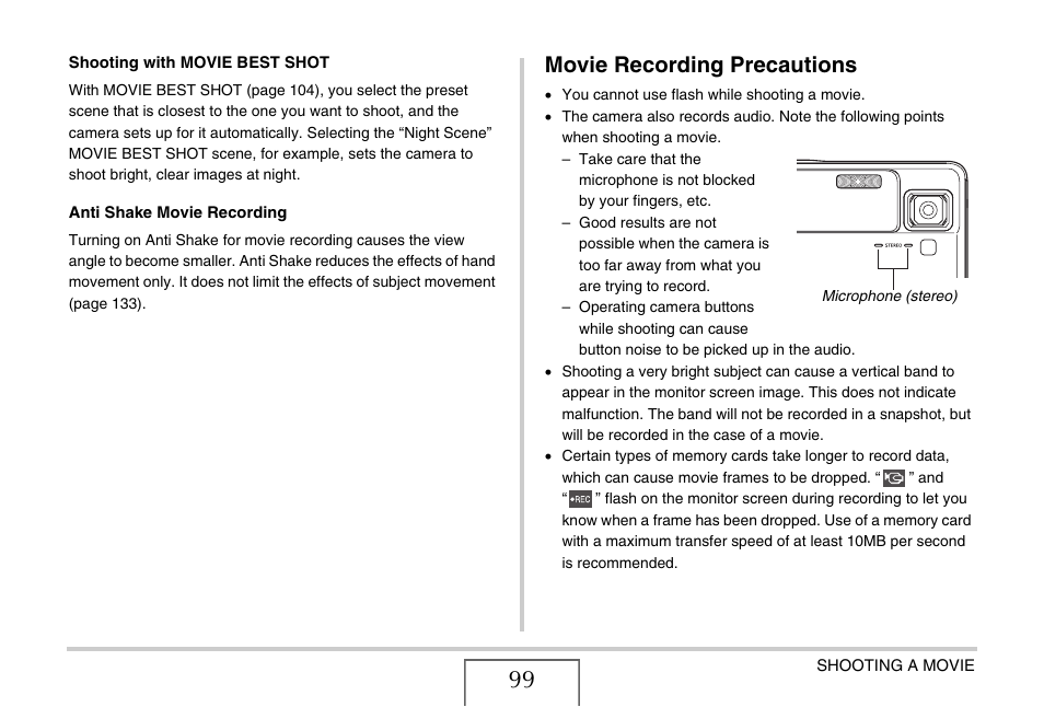 Movie recording precautions | Casio EX-V8 User Manual | Page 99 / 289
