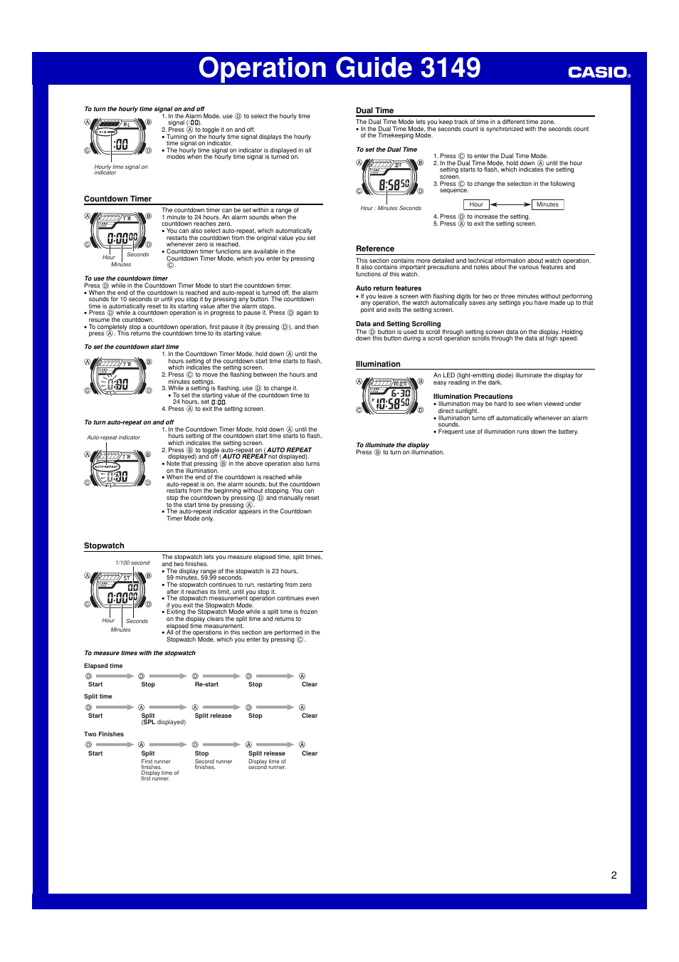 Countdown timer, Stopwatch, Dual time | Reference, Illumination, Operation guide 3149 | Casio 3149 User Manual | Page 2 / 2