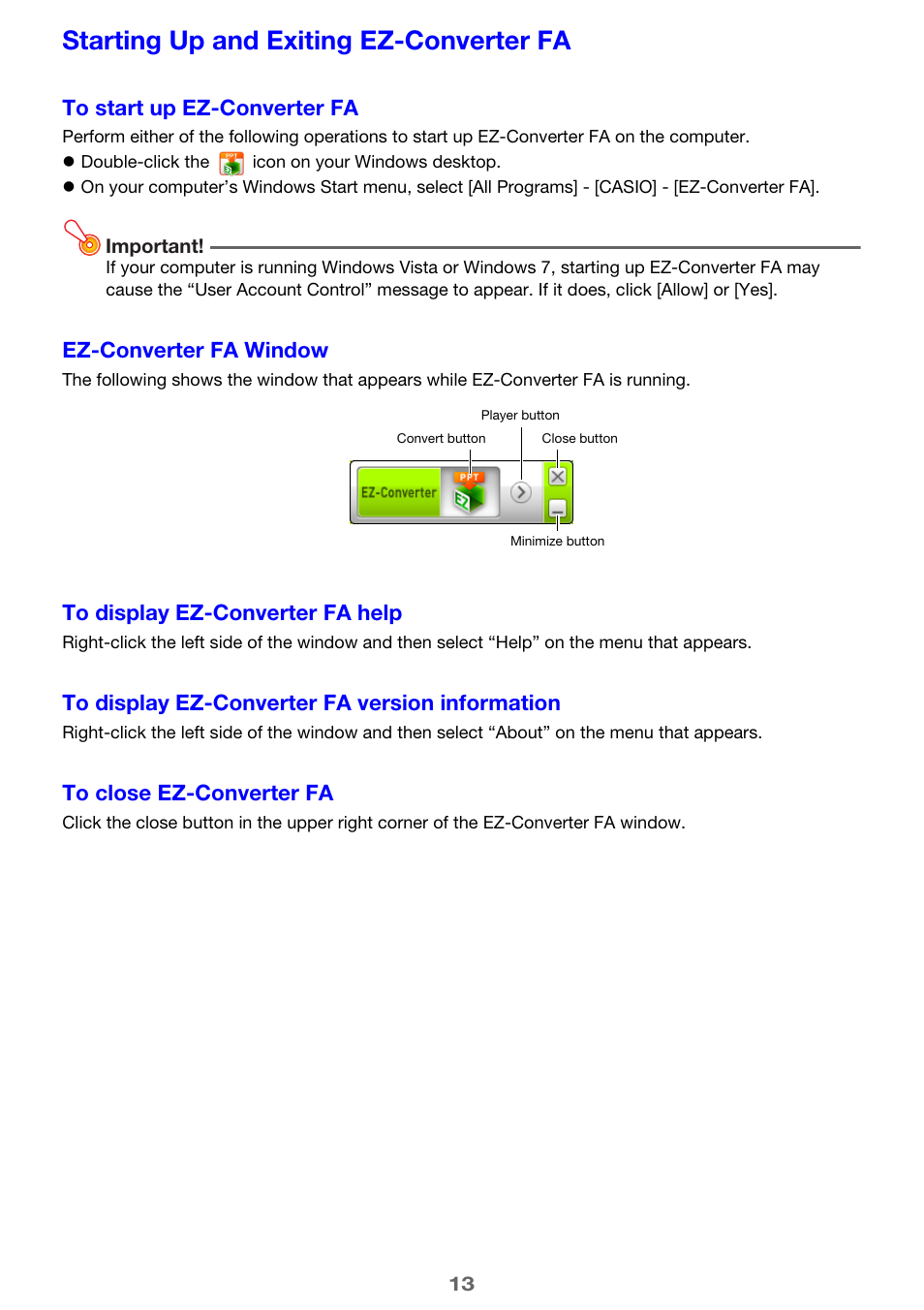 Starting up and exiting ez-converter fa | Casio XJ-H1650 User Manual | Page 13 / 69