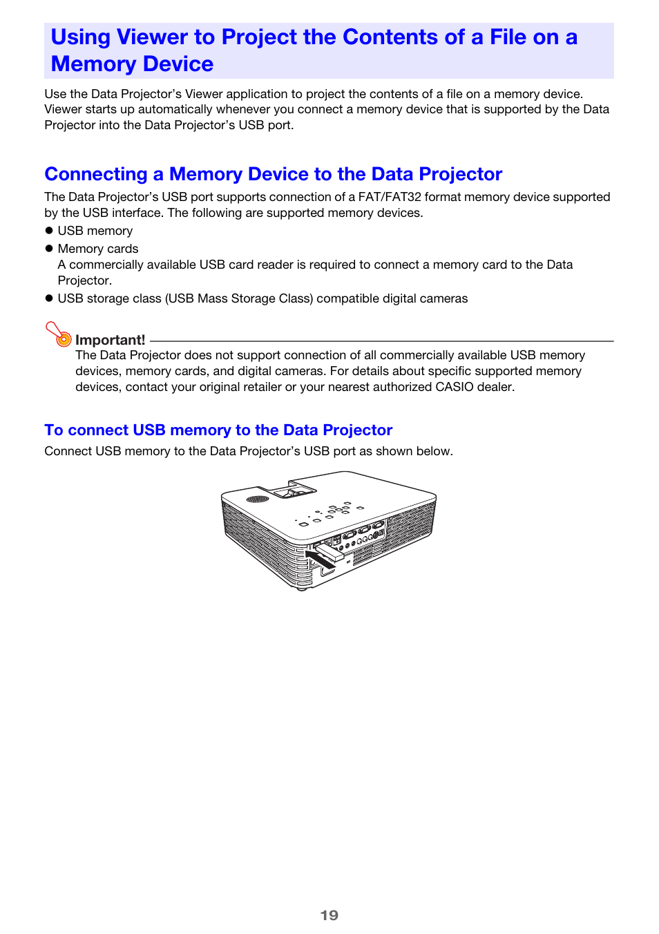 Connecting a memory device to the data projector | Casio XJ-H1650 User Manual | Page 19 / 69