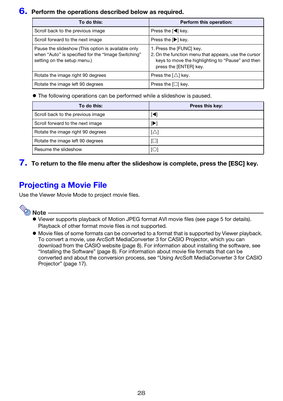 Projecting a movie file, Age 28 | Casio XJ-H1650 User Manual | Page 28 / 69