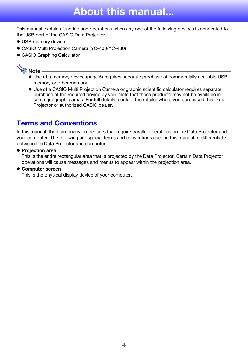 About this manual, Terms and conventions | Casio XJ-H1650 User Manual | Page 4 / 69