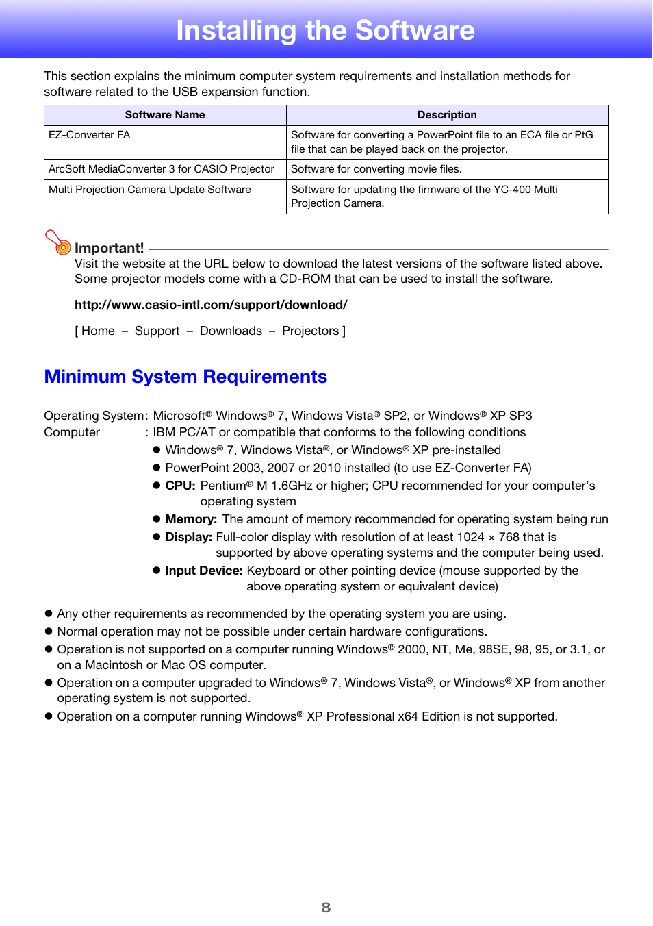 Installing the software, Minimum system requirements | Casio XJ-H1650 User Manual | Page 8 / 69