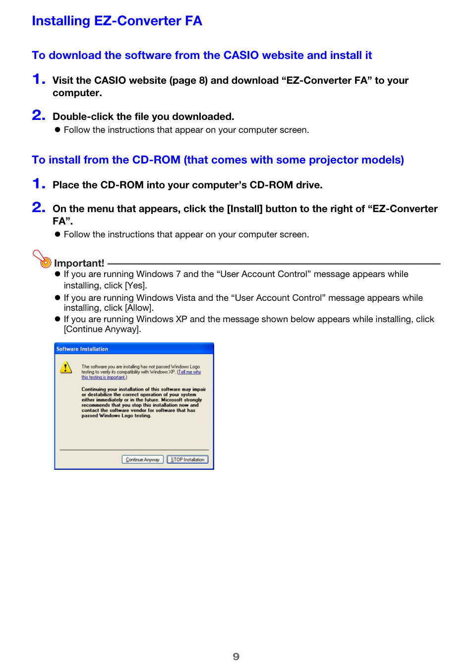 Installing ez-converter fa | Casio XJ-H1650 User Manual | Page 9 / 69