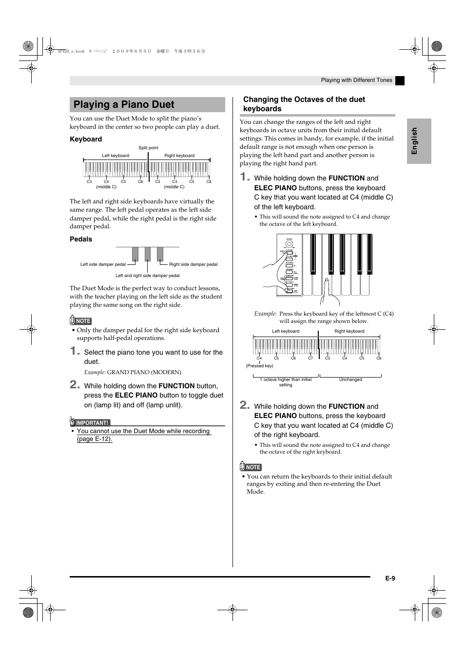 Playing a piano duet, Changing the octaves of the duet keyboards | Casio CELVIANO AP-420 User Manual | Page 11 / 46