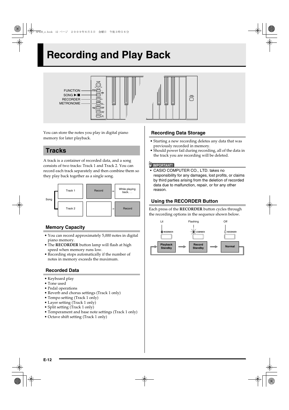 Recording and play back, Tracks | Casio CELVIANO AP-420 User Manual | Page 14 / 46