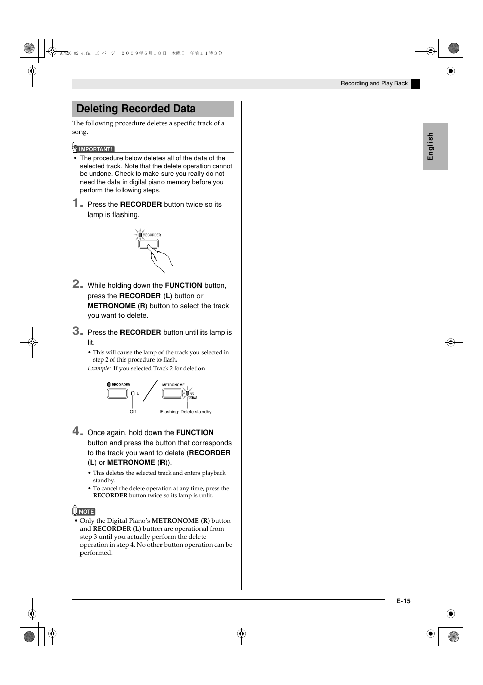 Deleting recorded data | Casio CELVIANO AP-420 User Manual | Page 17 / 46