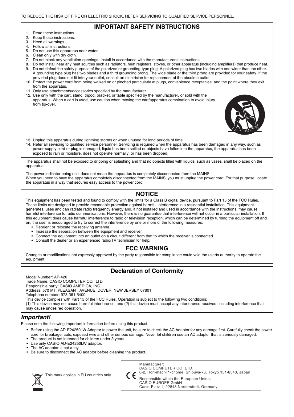 Important, Important safety instructions, Notice | Fcc warning, Declaration of conformity | Casio CELVIANO AP-420 User Manual | Page 2 / 46