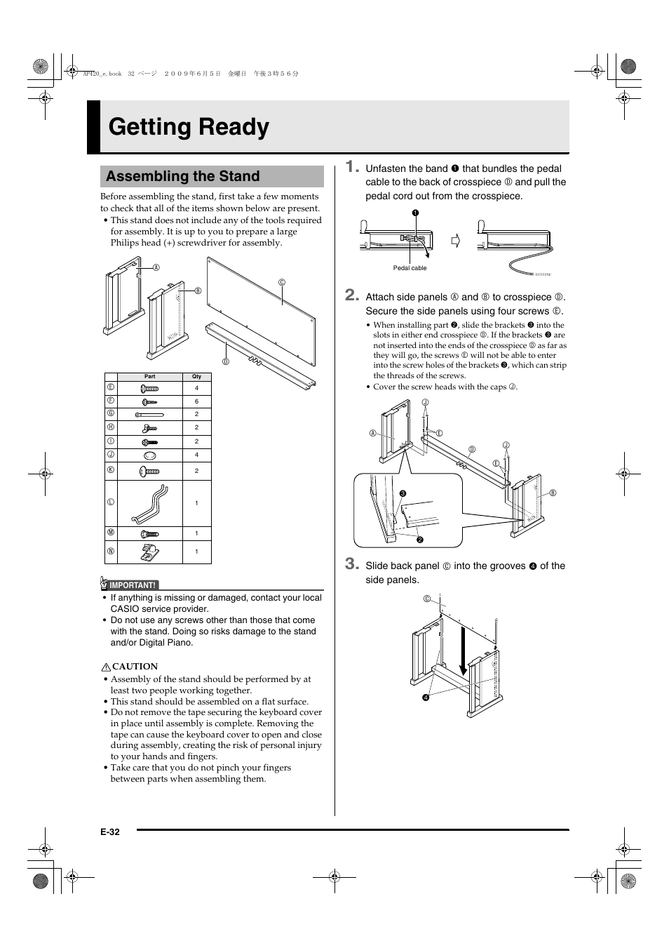 Getting ready, Assembling the stand | Casio CELVIANO AP-420 User Manual | Page 34 / 46