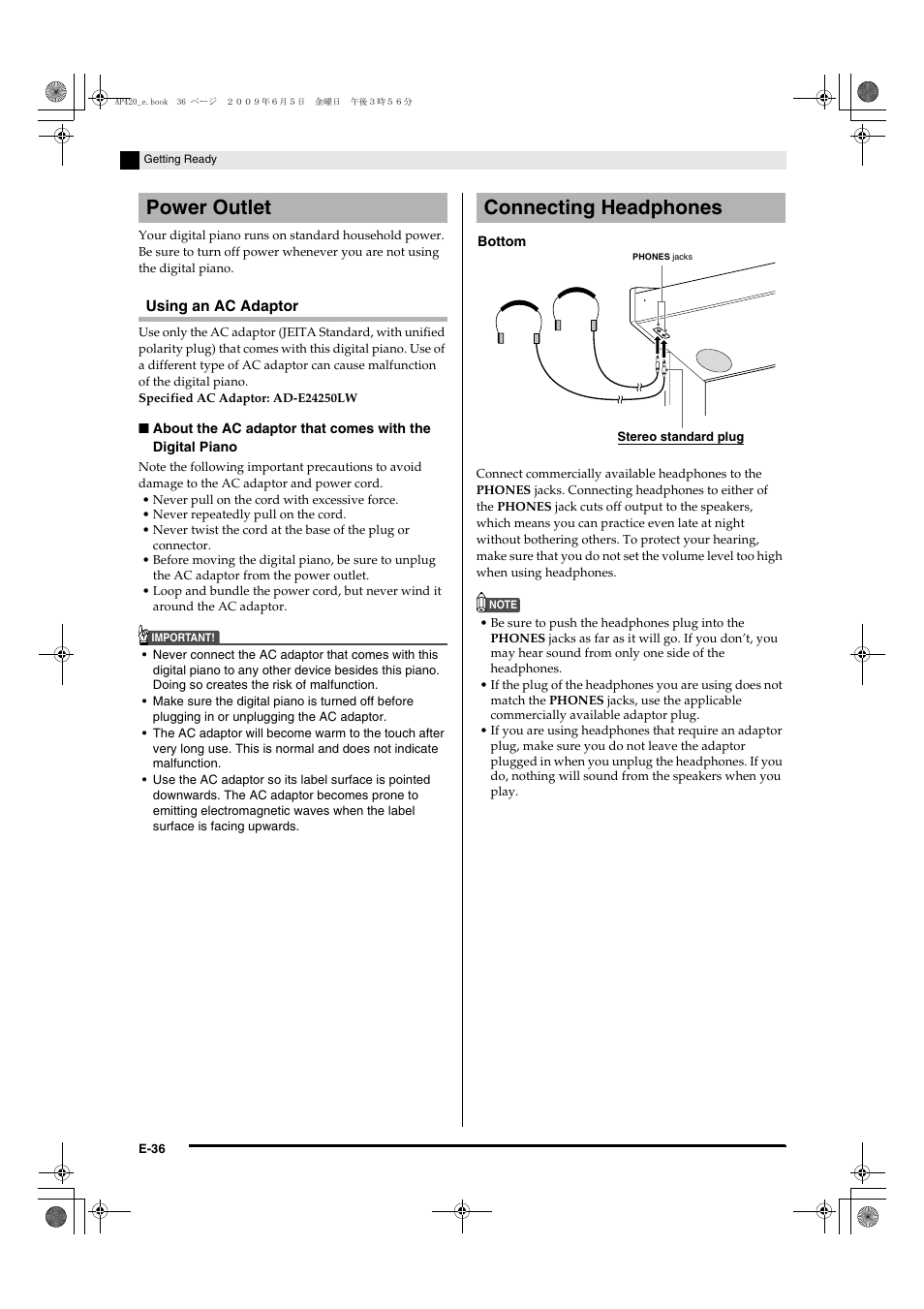 Power outlet connecting headphones | Casio CELVIANO AP-420 User Manual | Page 38 / 46