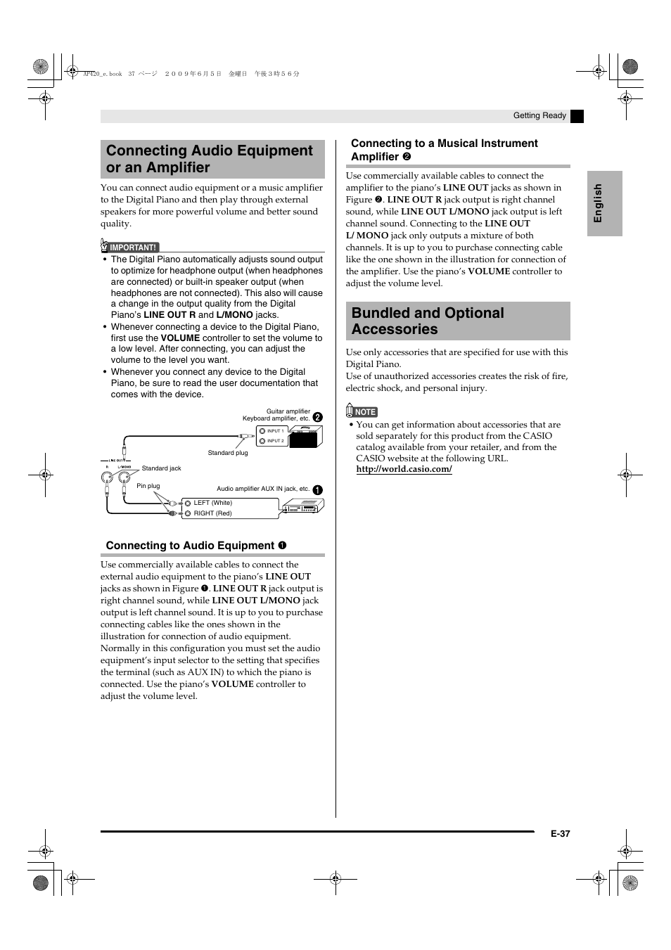 Connecting audio equipment or an amplifier, Bundled and optional accessories | Casio CELVIANO AP-420 User Manual | Page 39 / 46