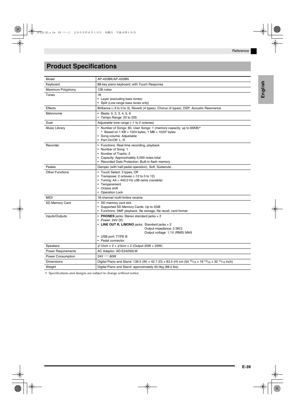Product specifications, English | Casio CELVIANO AP-420 User Manual | Page 41 / 46