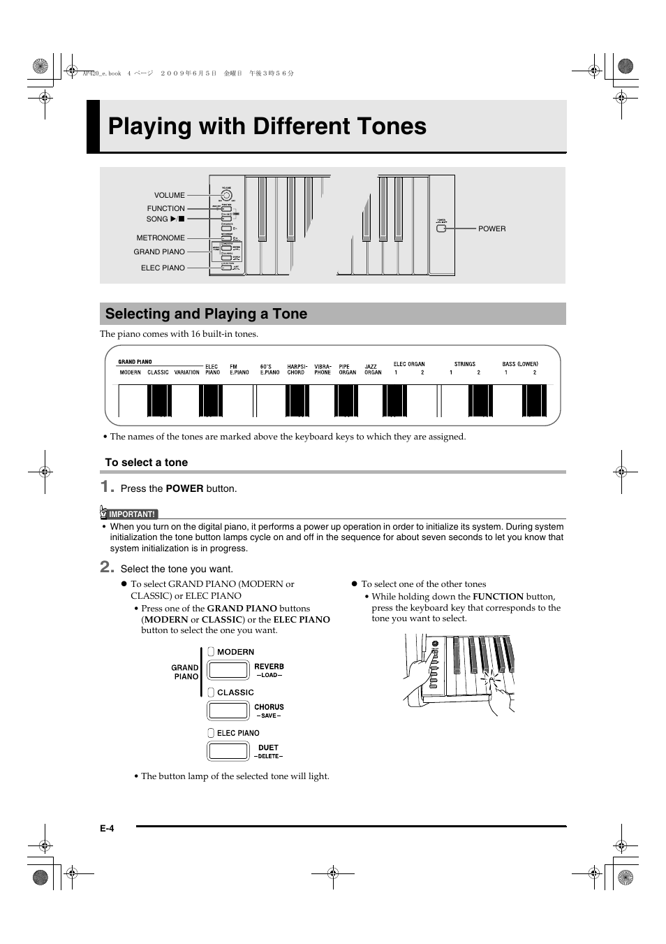 Playing with different tones, Selecting and playing a tone | Casio CELVIANO AP-420 User Manual | Page 6 / 46