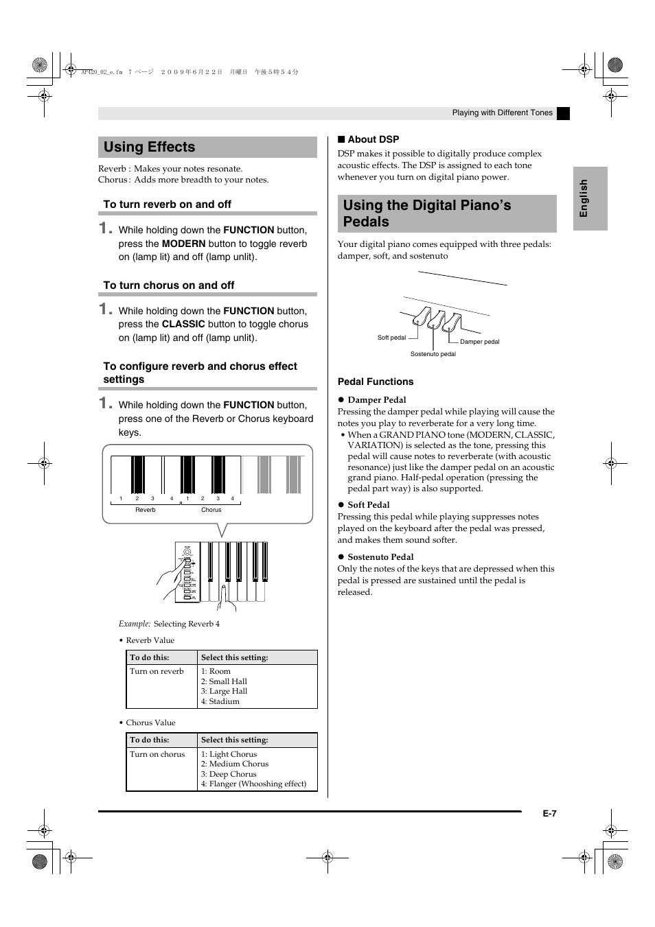 Using effects, Using the digital piano’s pedals | Casio CELVIANO AP-420 User Manual | Page 9 / 46