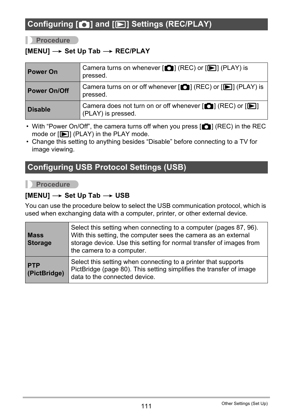 Configuring [_] and [>] settings (rec/play), Configuring usb protocol settings (usb), Configuring [ r ] and [ p ] settings (rec/play) | Casio EXILIM EX-Z350 User Manual | Page 111 / 143