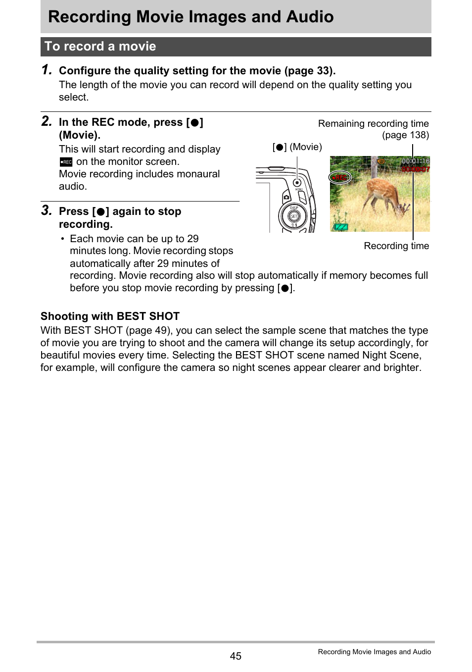 Recording movie images and audio, To record a movie | Casio EXILIM EX-Z350 User Manual | Page 45 / 143