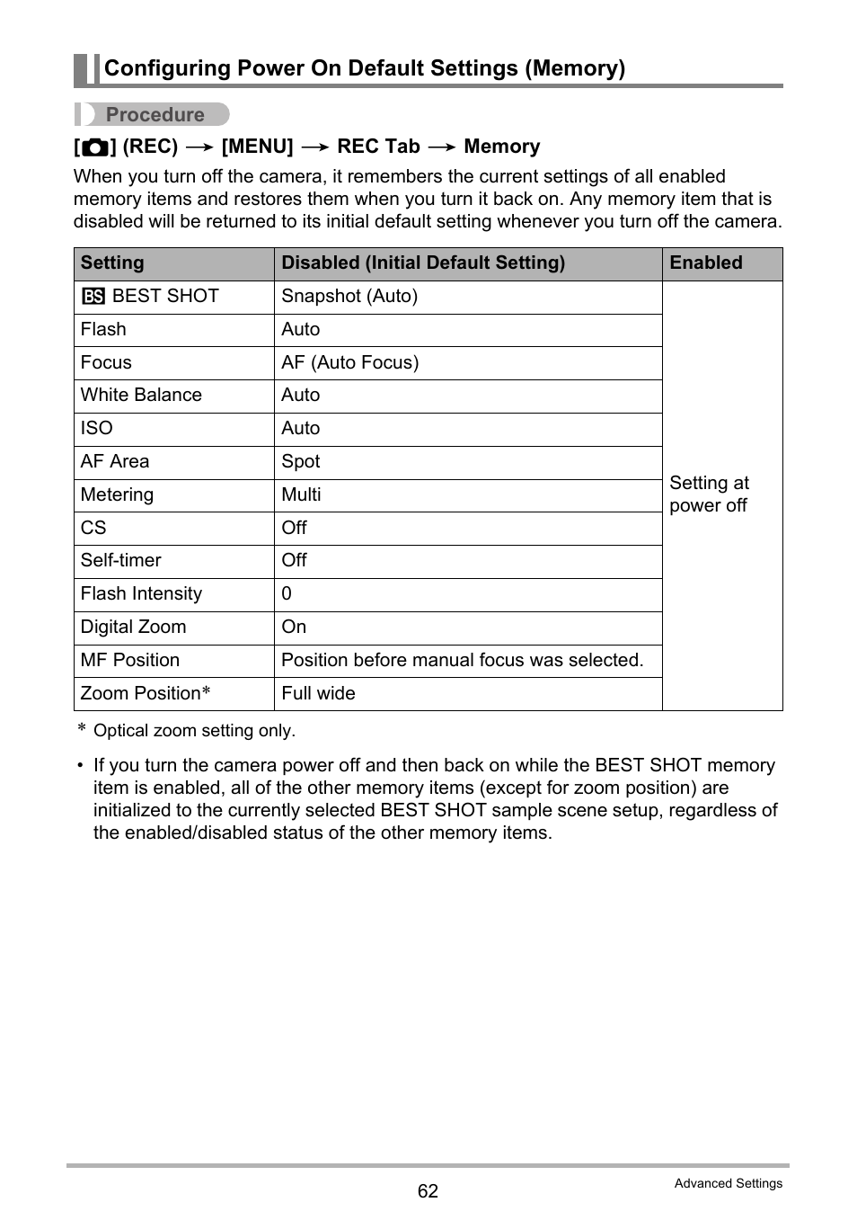 Configuring power on default settings (memory) | Casio EXILIM EX-Z350 User Manual | Page 62 / 143