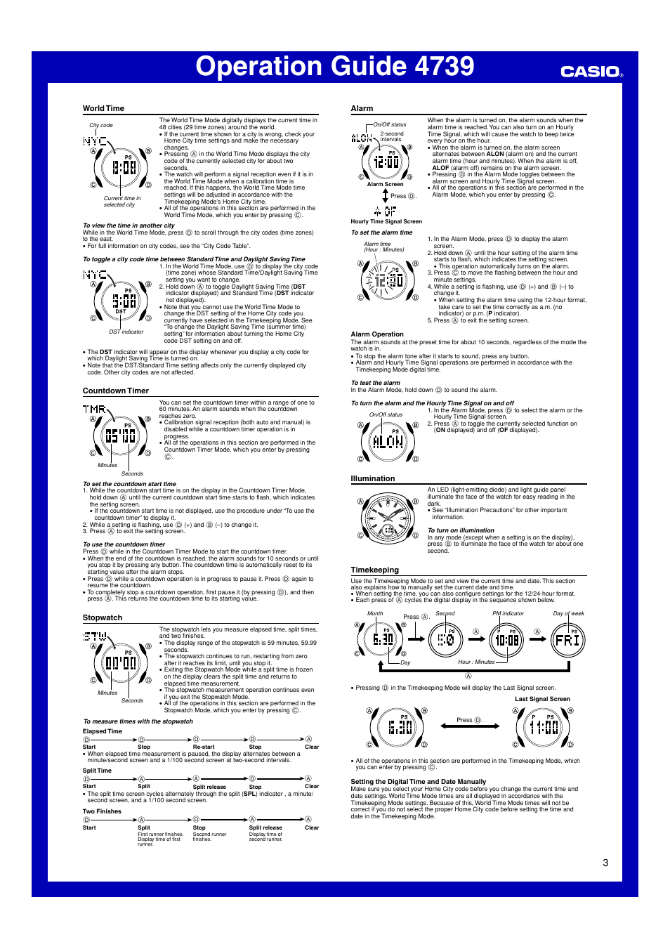 World time, Countdown timer, Stopwatch | Alarm, Illumination, Timekeeping, Operation guide 4739, Lll ll lll ll ll l l | Casio 4739 User Manual | Page 3 / 6