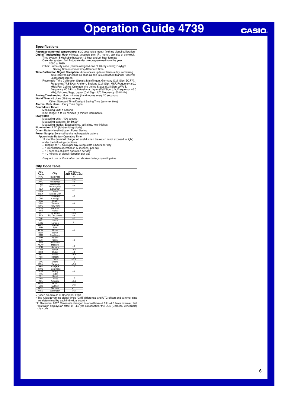 Specifications, City code table, Operation guide 4739 | Casio 4739 User Manual | Page 6 / 6