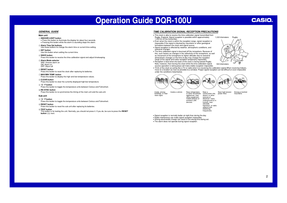 General guide 2, Time calibration signal reception precautions, Operation guide dqr-100u | Casio DQR-100U User Manual | Page 2 / 5