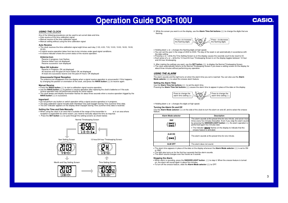 Using the clock, Using the alarm, Operation guide dqr-100u | Casio DQR-100U User Manual | Page 3 / 5