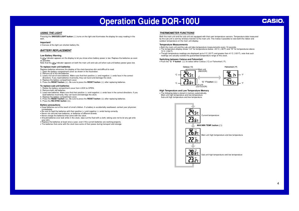 Using the light, Battery replacement, Thermometer functions | Operation guide dqr-100u | Casio DQR-100U User Manual | Page 4 / 5